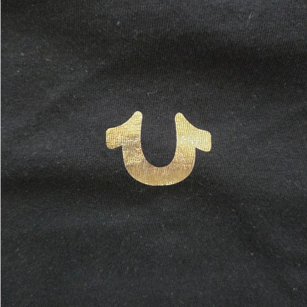 True Religion Mens Black Gold Foil Horseshoe Logo Graphic T-Shirt Large